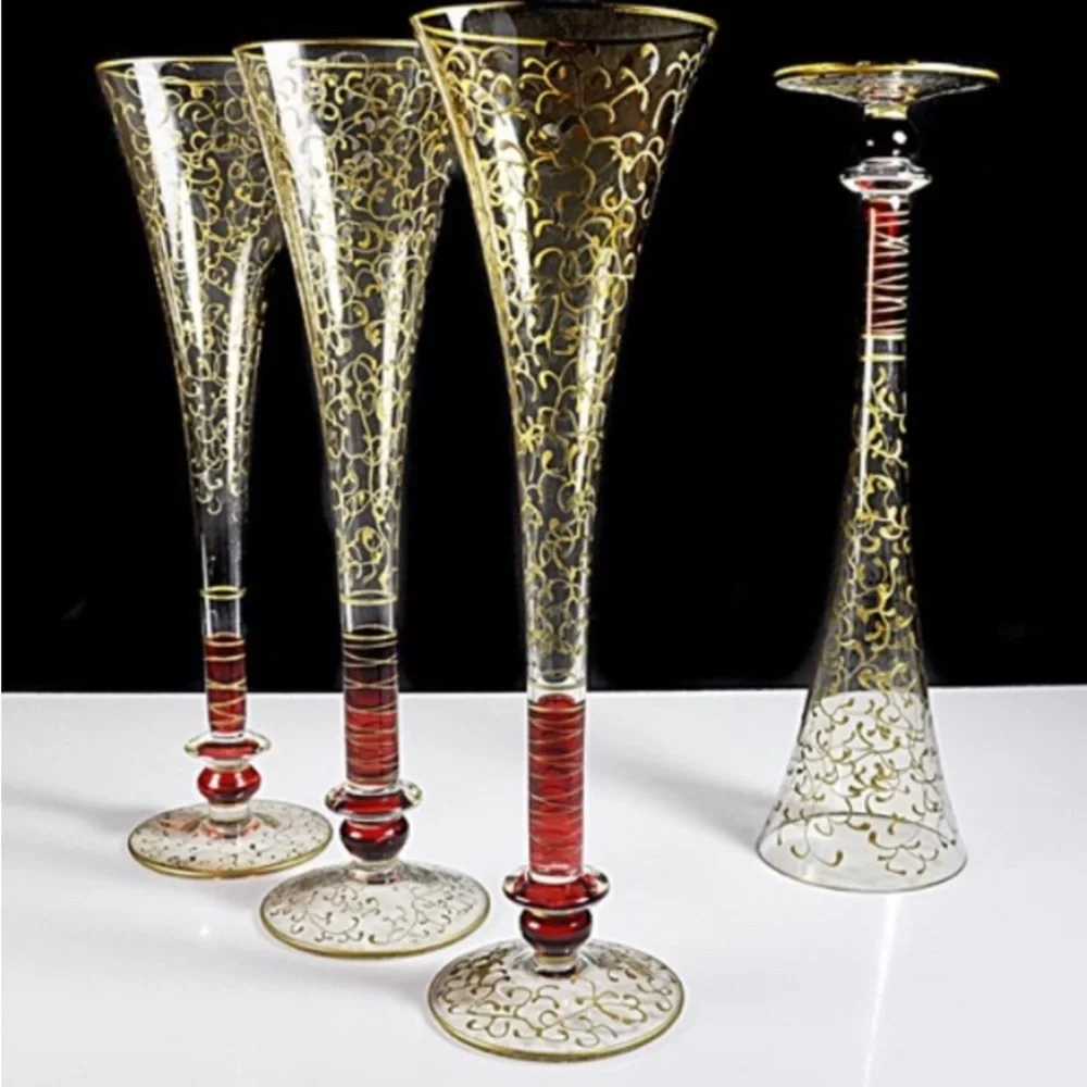 Pier 1 “Rioja” Gold Filagree /Ruby Red Champagne Flutes  Set (4)